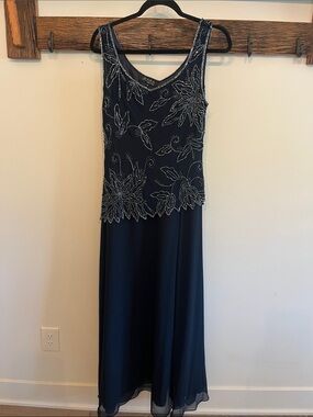 J Kara Navy Maxi Dress with Silver Beaded Floral Embellishment
